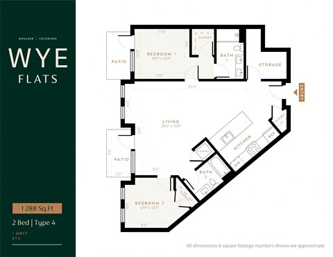 Floor plan for 2 beds, 2 baths, 1288 sqft